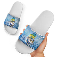 Mahi Mahi and Tuna Fish Slide Sandals Fishing Ocean Water Background and Nautical Compass Elements - Wonder Print Shop