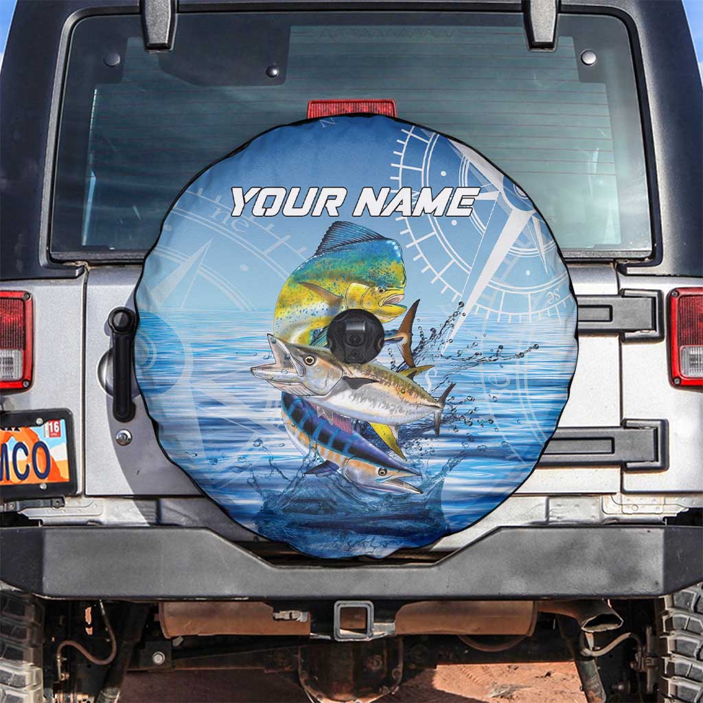 Mahi Mahi and Tuna Fish Spare Tire Cover Fishing Ocean Water Background and Nautical Compass Elements - Wonder Print Shop