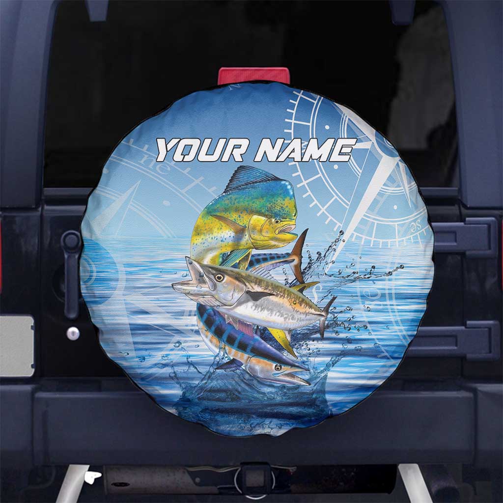 Mahi Mahi and Tuna Fish Spare Tire Cover Fishing Ocean Water Background and Nautical Compass Elements - Wonder Print Shop