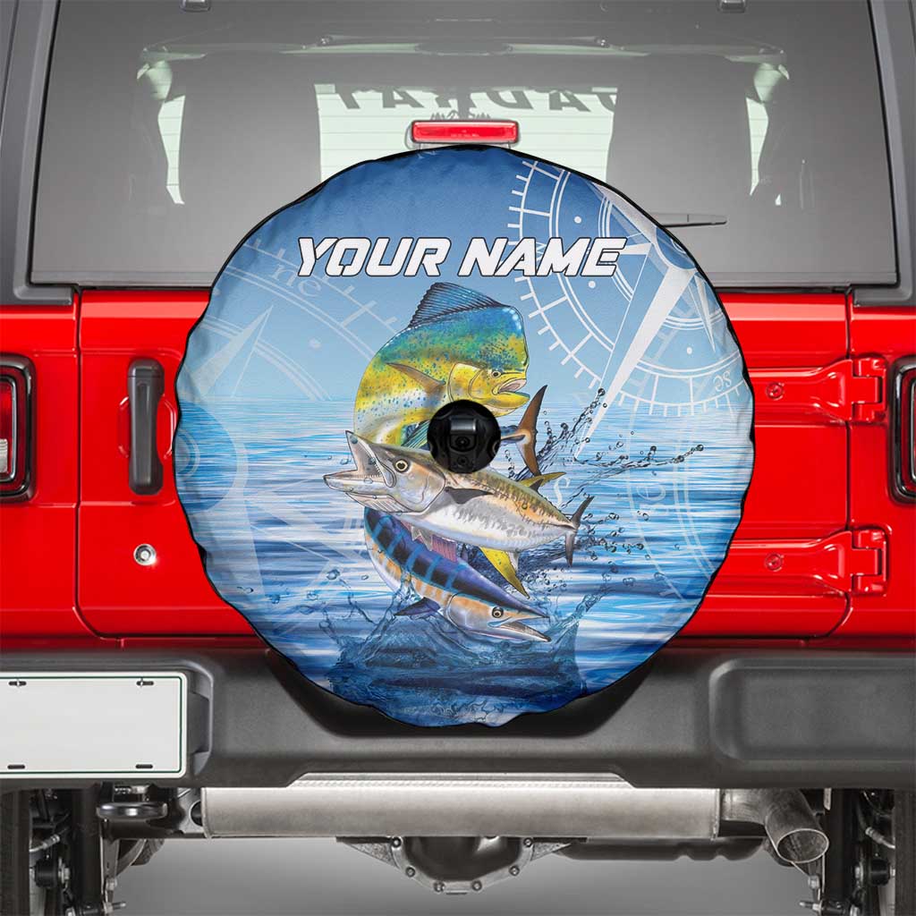 Mahi Mahi and Tuna Fish Spare Tire Cover Fishing Ocean Water Background and Nautical Compass Elements - Wonder Print Shop
