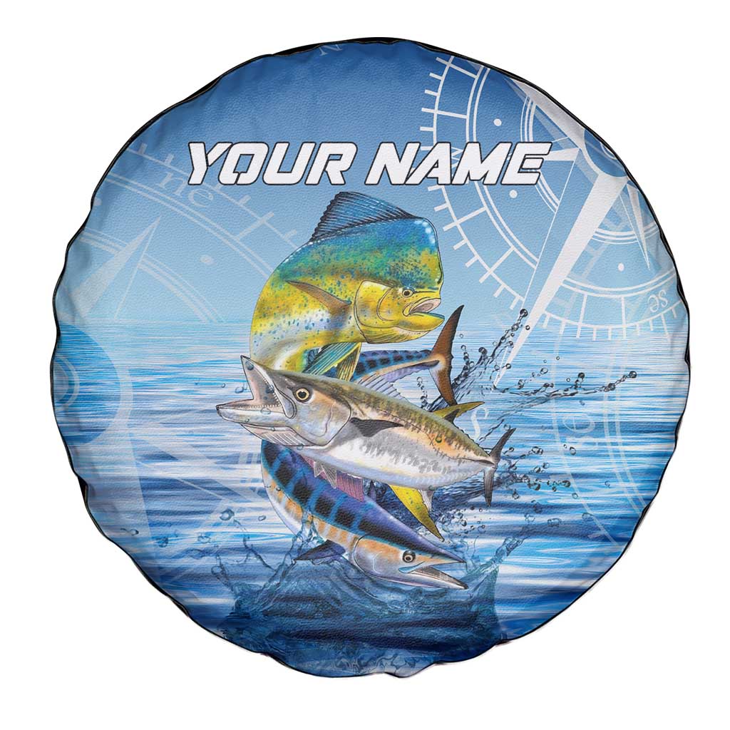 Mahi Mahi and Tuna Fish Spare Tire Cover Fishing Ocean Water Background and Nautical Compass Elements - Wonder Print Shop