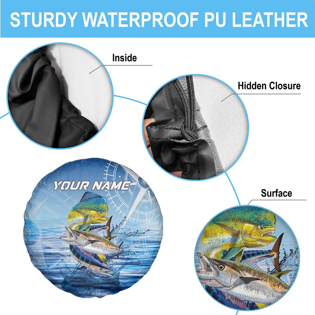 Mahi Mahi and Tuna Fish Spare Tire Cover Fishing Ocean Water Background and Nautical Compass Elements - Wonder Print Shop