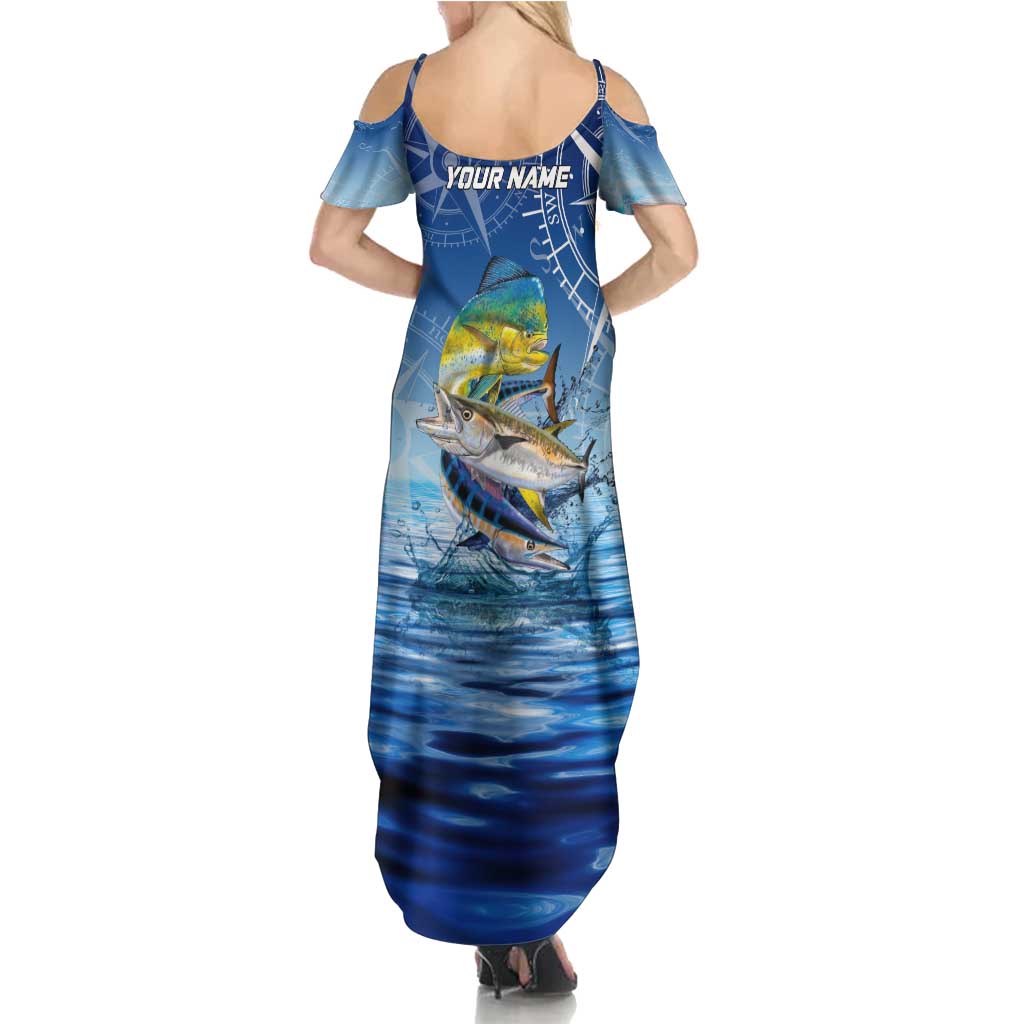 Mahi Mahi and Tuna Fish Summer Maxi Dress Fishing Ocean Water Background and Nautical Compass Elements - Wonder Print Shop