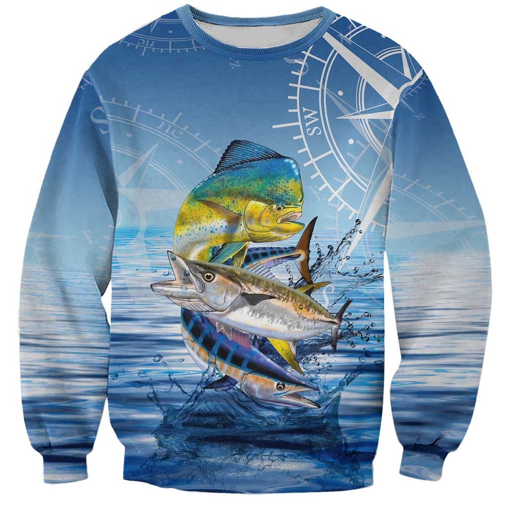 Mahi Mahi and Tuna Fish Sweatshirt Fishing Ocean Water Background and Nautical Compass Elements - Wonder Print Shop