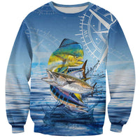 Mahi Mahi and Tuna Fish Sweatshirt Fishing Ocean Water Background and Nautical Compass Elements - Wonder Print Shop