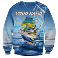 Mahi Mahi and Tuna Fish Sweatshirt Fishing Ocean Water Background and Nautical Compass Elements - Wonder Print Shop
