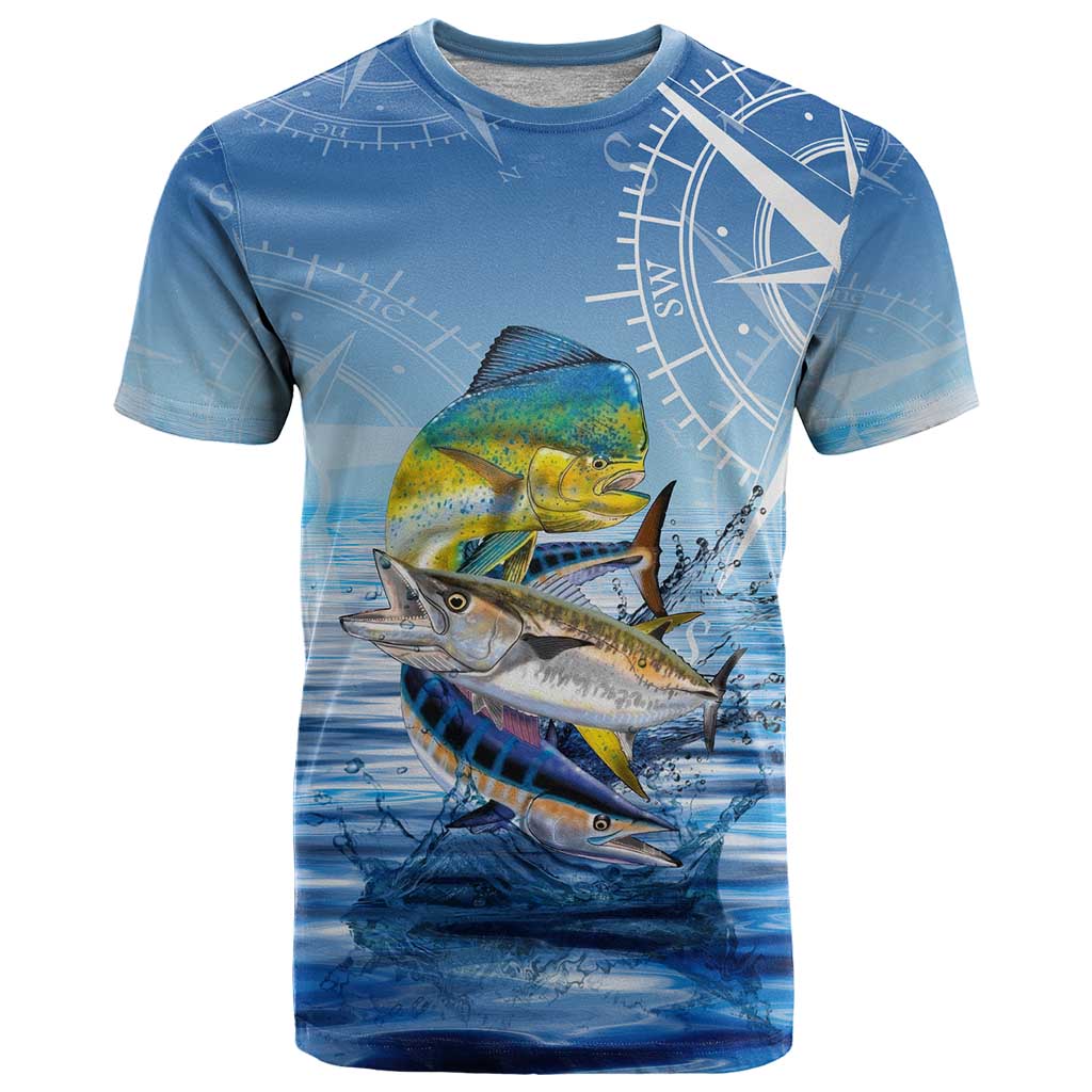 Mahi Mahi and Tuna Fish T Shirt Fishing Ocean Water Background and Nautical Compass Elements - Wonder Print Shop
