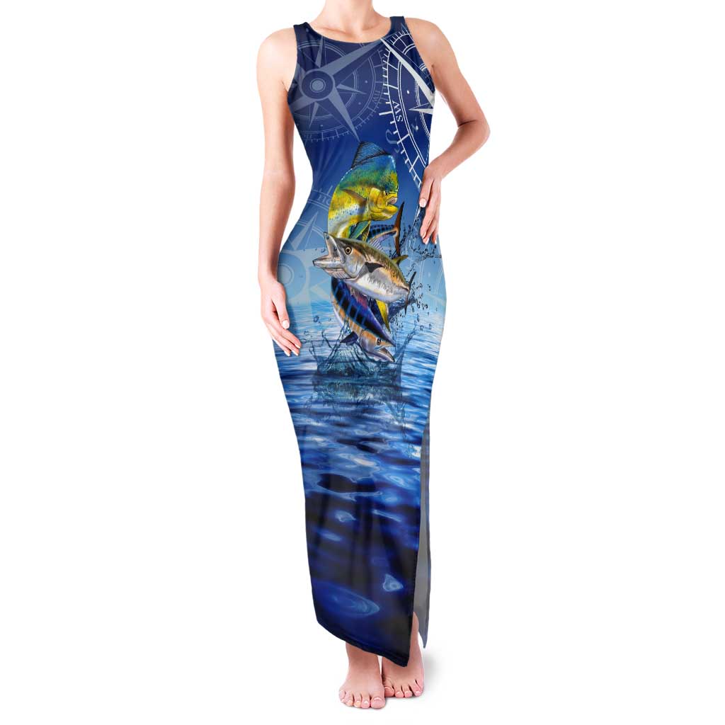 Mahi Mahi and Tuna Fish Tank Maxi Dress Fishing Ocean Water Background and Nautical Compass Elements - Wonder Print Shop