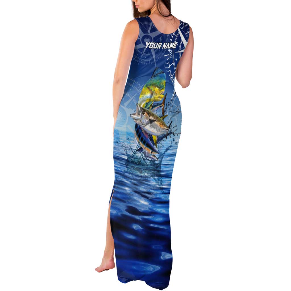 Mahi Mahi and Tuna Fish Tank Maxi Dress Fishing Ocean Water Background and Nautical Compass Elements - Wonder Print Shop
