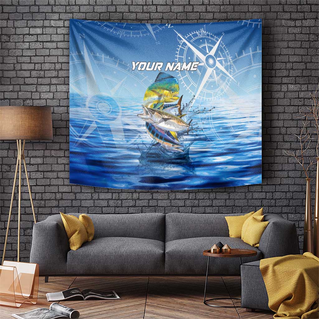 Mahi Mahi and Tuna Fish Tapestry Fishing Ocean Water Background and Nautical Compass Elements - Wonder Print Shop