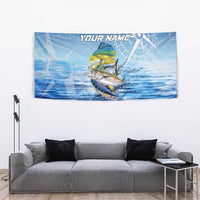 Mahi Mahi and Tuna Fish Tapestry Fishing Ocean Water Background and Nautical Compass Elements - Wonder Print Shop
