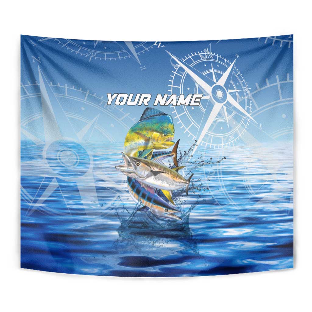 Mahi Mahi and Tuna Fish Tapestry Fishing Ocean Water Background and Nautical Compass Elements - Wonder Print Shop