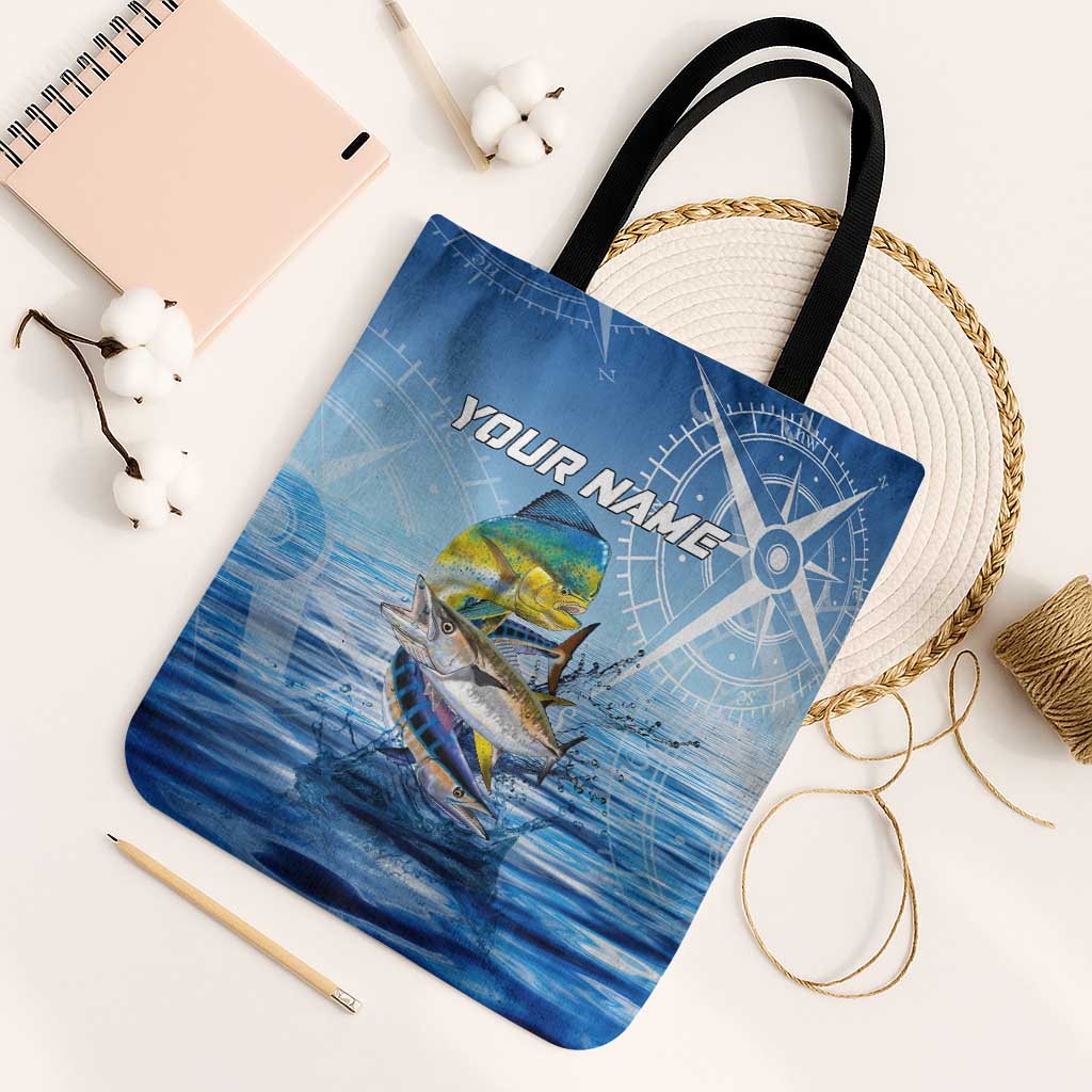 Mahi Mahi and Tuna Fish Tote Bag Fishing Ocean Water Background and Nautical Compass Elements - Wonder Print Shop