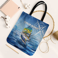 Mahi Mahi and Tuna Fish Tote Bag Fishing Ocean Water Background and Nautical Compass Elements - Wonder Print Shop