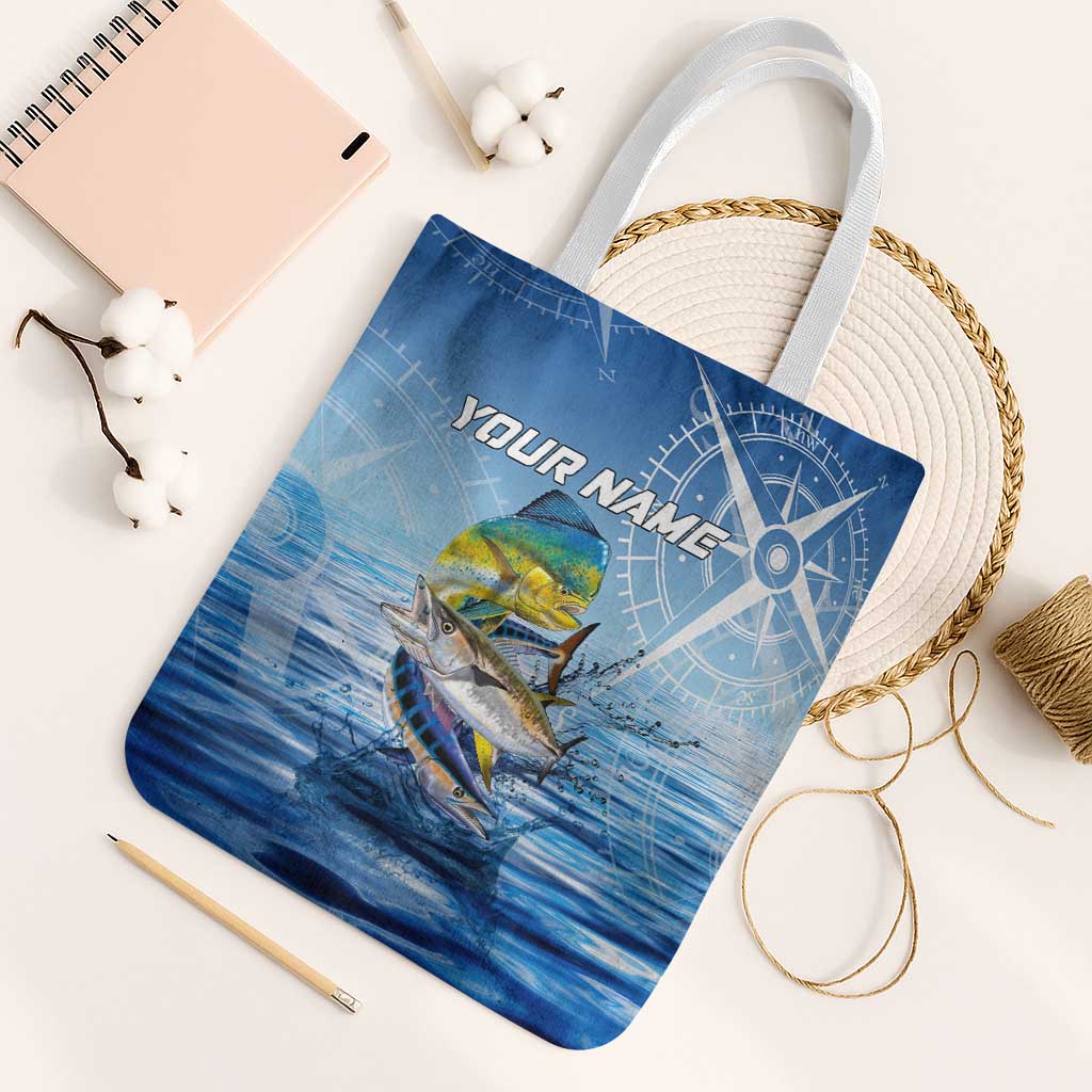 Mahi Mahi and Tuna Fish Tote Bag Fishing Ocean Water Background and Nautical Compass Elements - Wonder Print Shop
