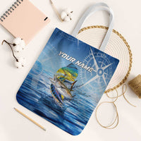 Mahi Mahi and Tuna Fish Tote Bag Fishing Ocean Water Background and Nautical Compass Elements - Wonder Print Shop