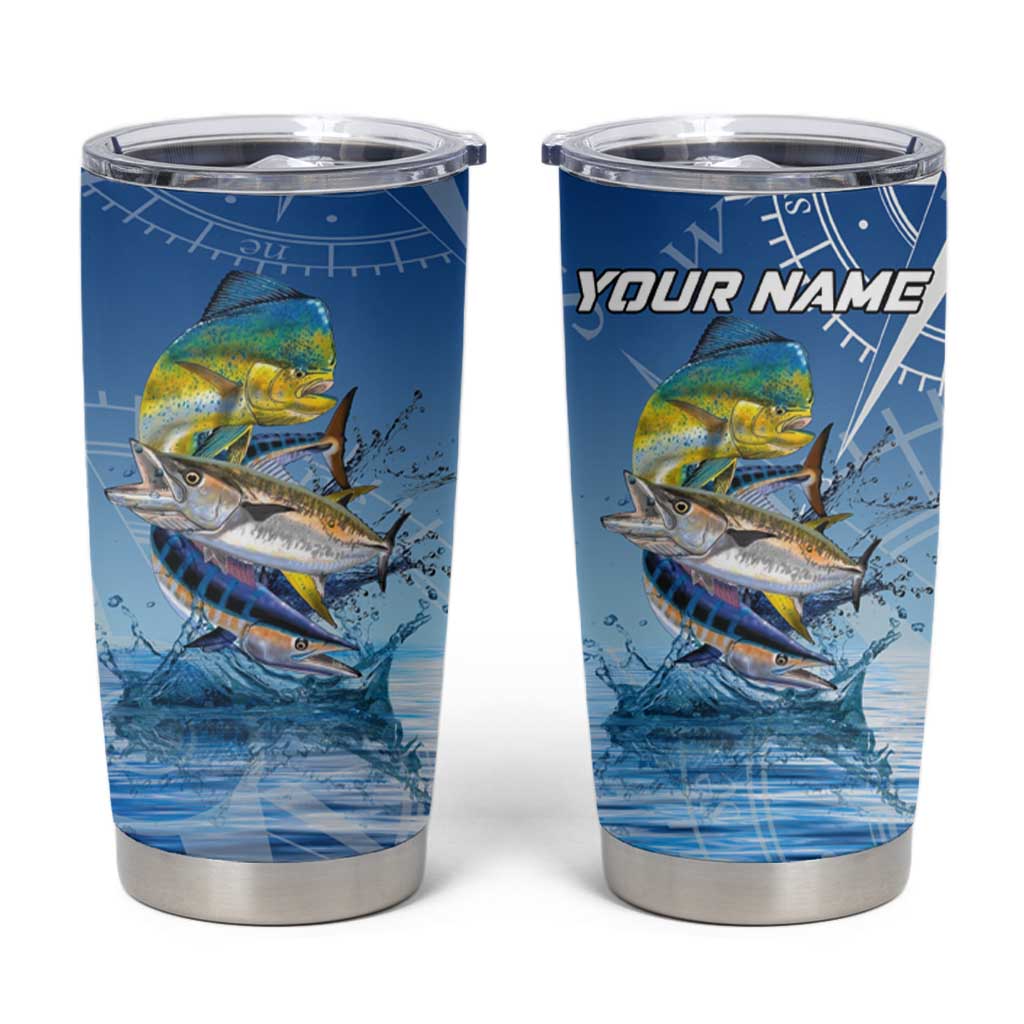 Mahi Mahi and Tuna Fish Tumbler Cup Fishing Ocean Water Background and Nautical Compass Elements - Wonder Print Shop