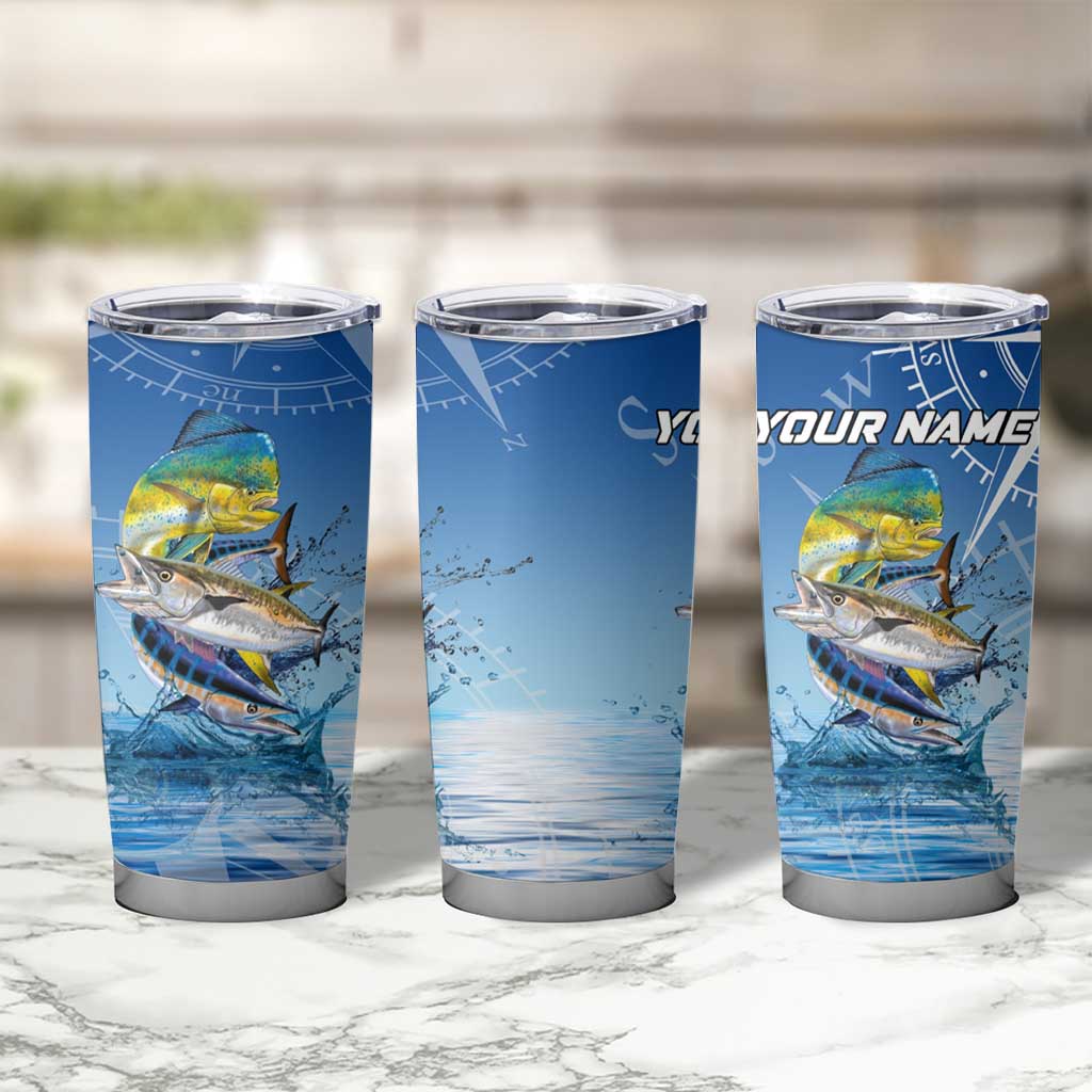 Mahi Mahi and Tuna Fish Tumbler Cup Fishing Ocean Water Background and Nautical Compass Elements - Wonder Print Shop