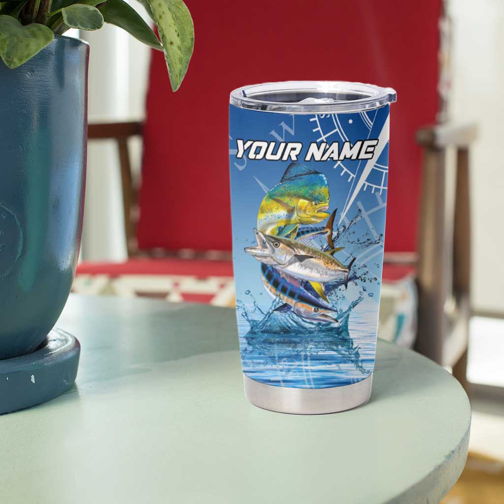 Mahi Mahi and Tuna Fish Tumbler Cup Fishing Ocean Water Background and Nautical Compass Elements - Wonder Print Shop