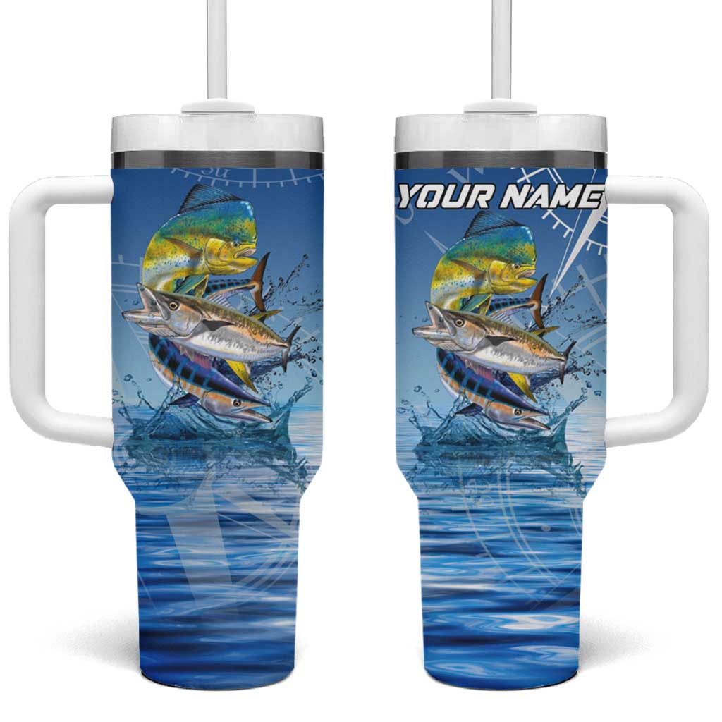 Mahi Mahi and Tuna Fish Tumbler With Handle Fishing Ocean Water Background and Nautical Compass Elements - Wonder Print Shop
