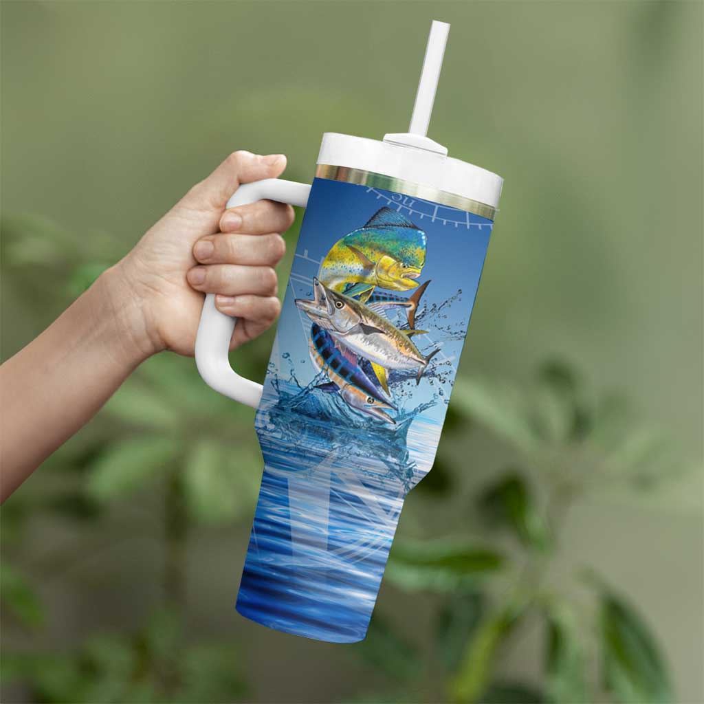 Mahi Mahi and Tuna Fish Tumbler With Handle Fishing Ocean Water Background and Nautical Compass Elements - Wonder Print Shop
