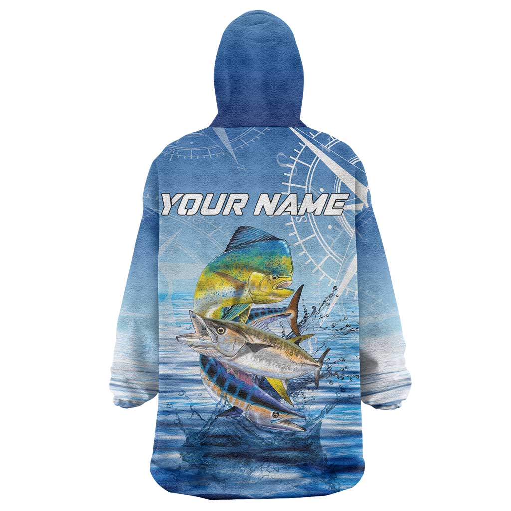 Mahi Mahi and Tuna Fish Wearable Blanket Hoodie Fishing Ocean Water Background and Nautical Compass Elements - Wonder Print Shop