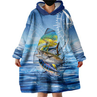 Mahi Mahi and Tuna Fish Wearable Blanket Hoodie Fishing Ocean Water Background and Nautical Compass Elements - Wonder Print Shop