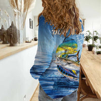 Mahi Mahi and Tuna Fish Women Casual Shirt Fishing Ocean Water Background and Nautical Compass Elements - Wonder Print Shop