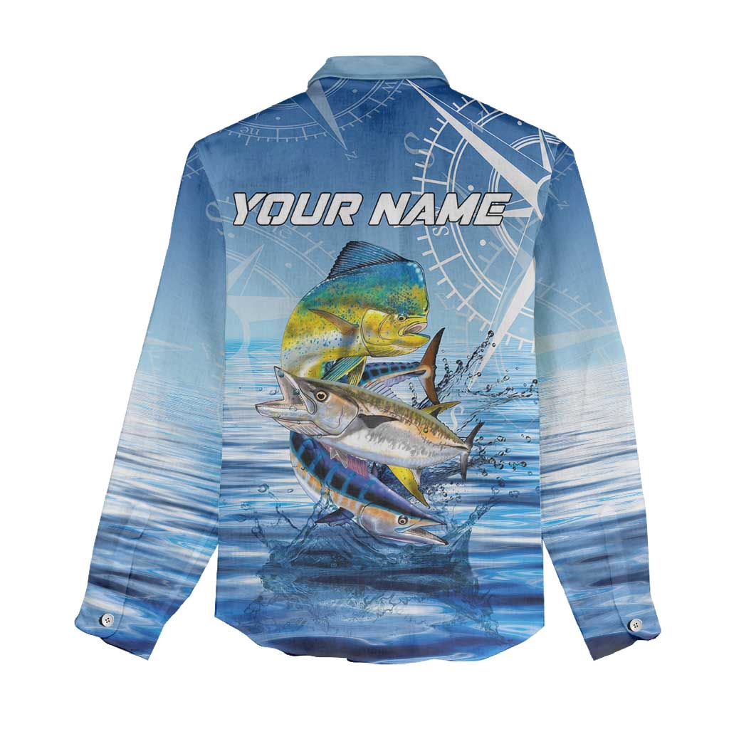 Mahi Mahi and Tuna Fish Women Casual Shirt Fishing Ocean Water Background and Nautical Compass Elements - Wonder Print Shop