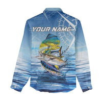 Mahi Mahi and Tuna Fish Women Casual Shirt Fishing Ocean Water Background and Nautical Compass Elements - Wonder Print Shop