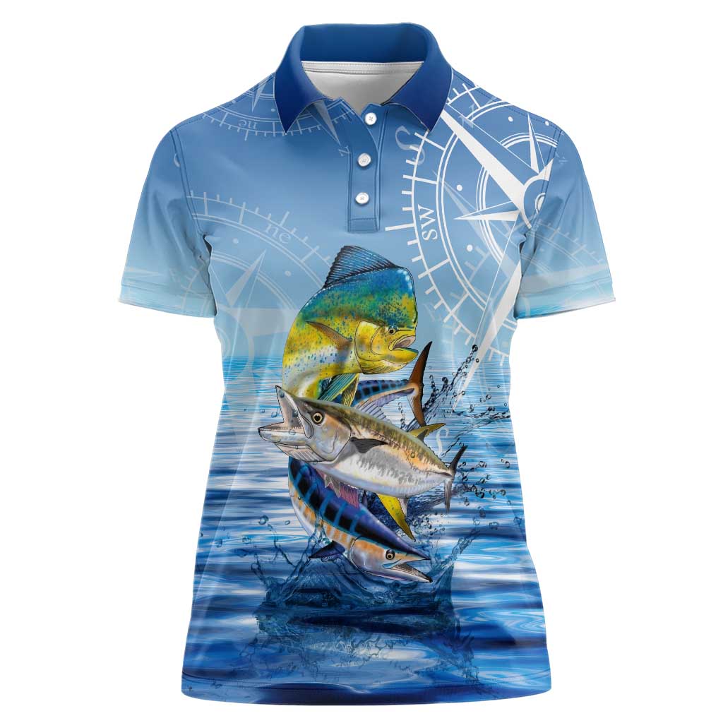Mahi Mahi and Tuna Fish Women Polo Shirt Fishing Ocean Water Background and Nautical Compass Elements - Wonder Print Shop
