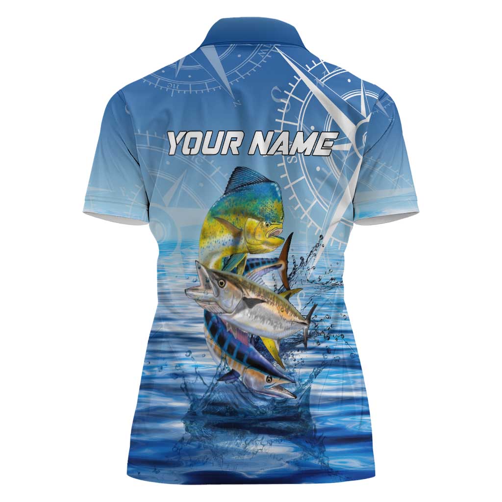 Mahi Mahi and Tuna Fish Women Polo Shirt Fishing Ocean Water Background and Nautical Compass Elements - Wonder Print Shop