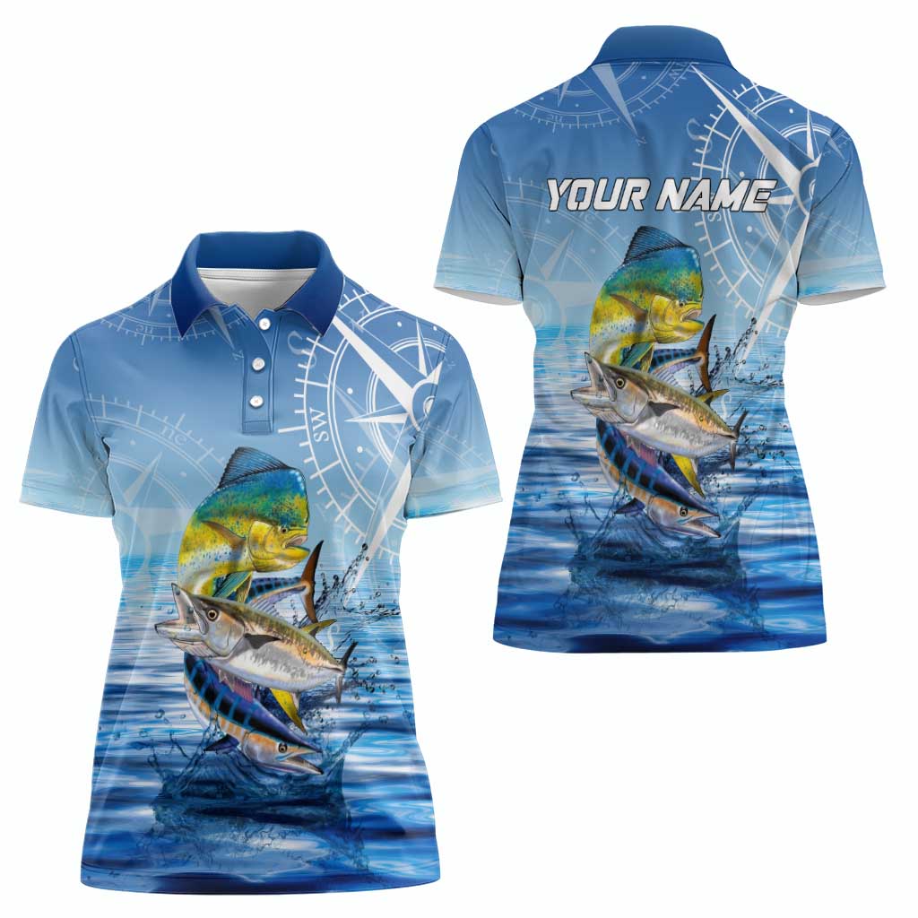 Mahi Mahi and Tuna Fish Women Polo Shirt Fishing Ocean Water Background and Nautical Compass Elements - Wonder Print Shop