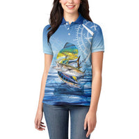 Mahi Mahi and Tuna Fish Women Polo Shirt Fishing Ocean Water Background and Nautical Compass Elements - Wonder Print Shop