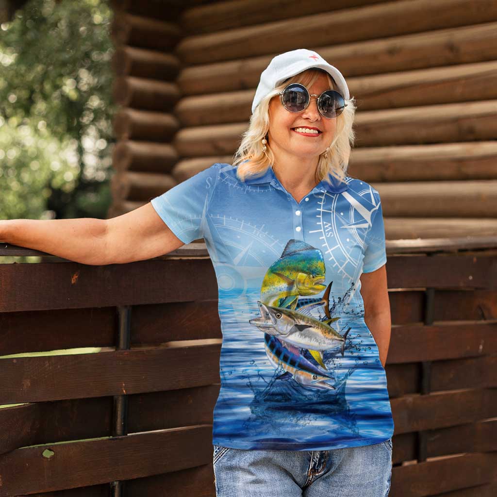 Mahi Mahi and Tuna Fish Women Polo Shirt Fishing Ocean Water Background and Nautical Compass Elements - Wonder Print Shop
