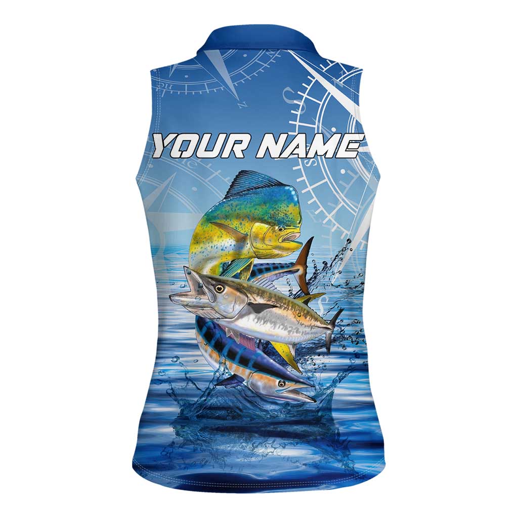 Mahi Mahi and Tuna Fish Women Sleeveless Polo Shirt Fishing Ocean Water Background and Nautical Compass Elements - Wonder Print Shop