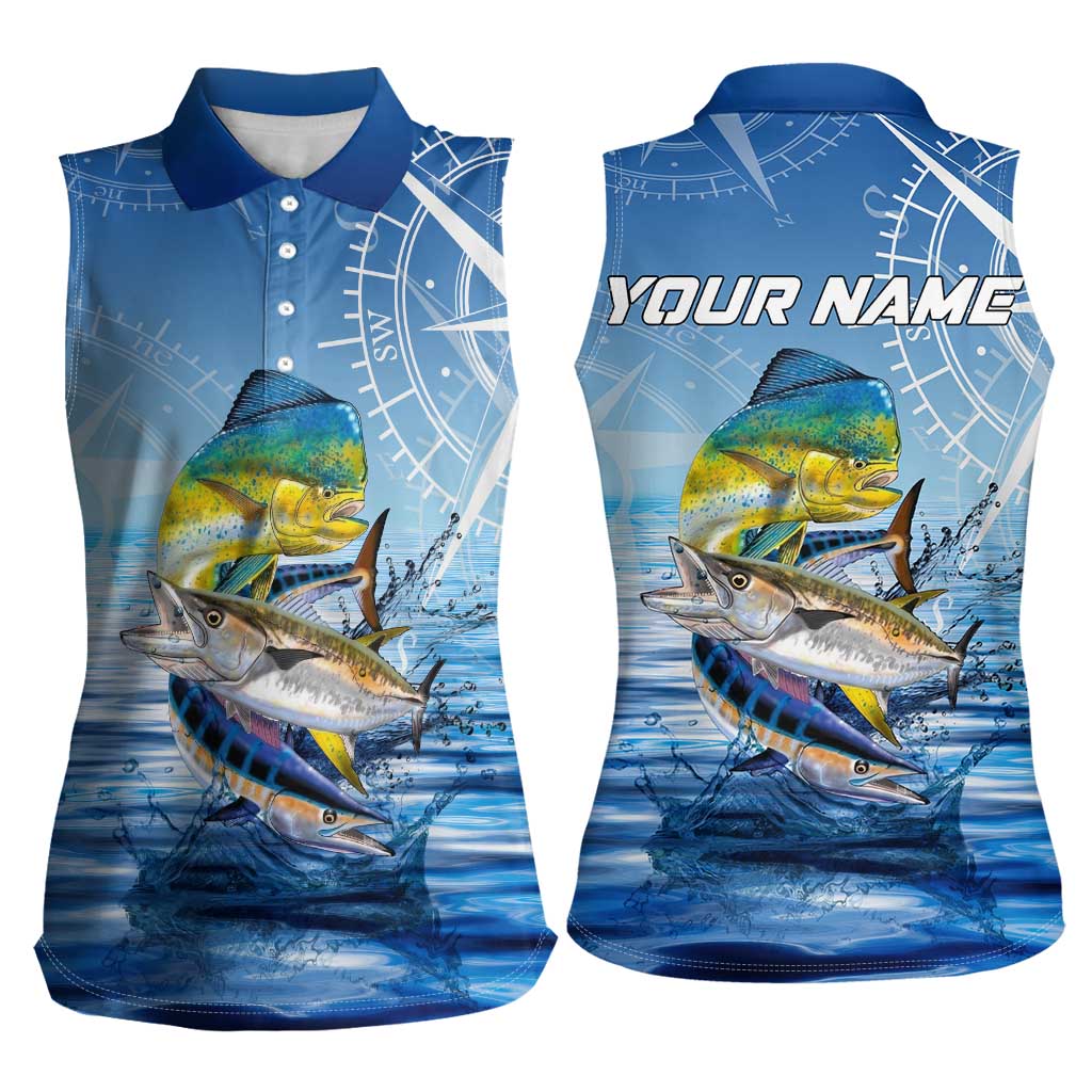 Mahi Mahi and Tuna Fish Women Sleeveless Polo Shirt Fishing Ocean Water Background and Nautical Compass Elements - Wonder Print Shop