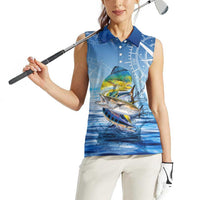 Mahi Mahi and Tuna Fish Women Sleeveless Polo Shirt Fishing Ocean Water Background and Nautical Compass Elements - Wonder Print Shop