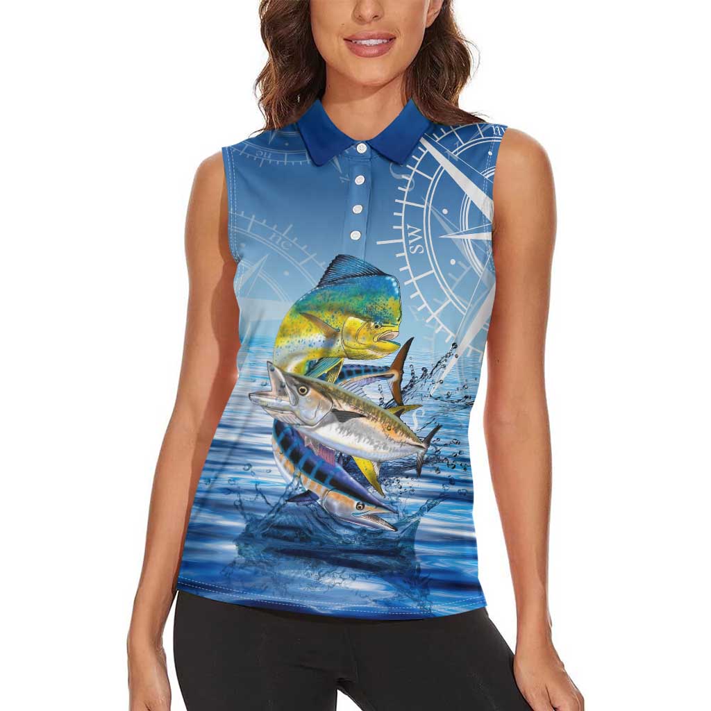 Mahi Mahi and Tuna Fish Women Sleeveless Polo Shirt Fishing Ocean Water Background and Nautical Compass Elements - Wonder Print Shop