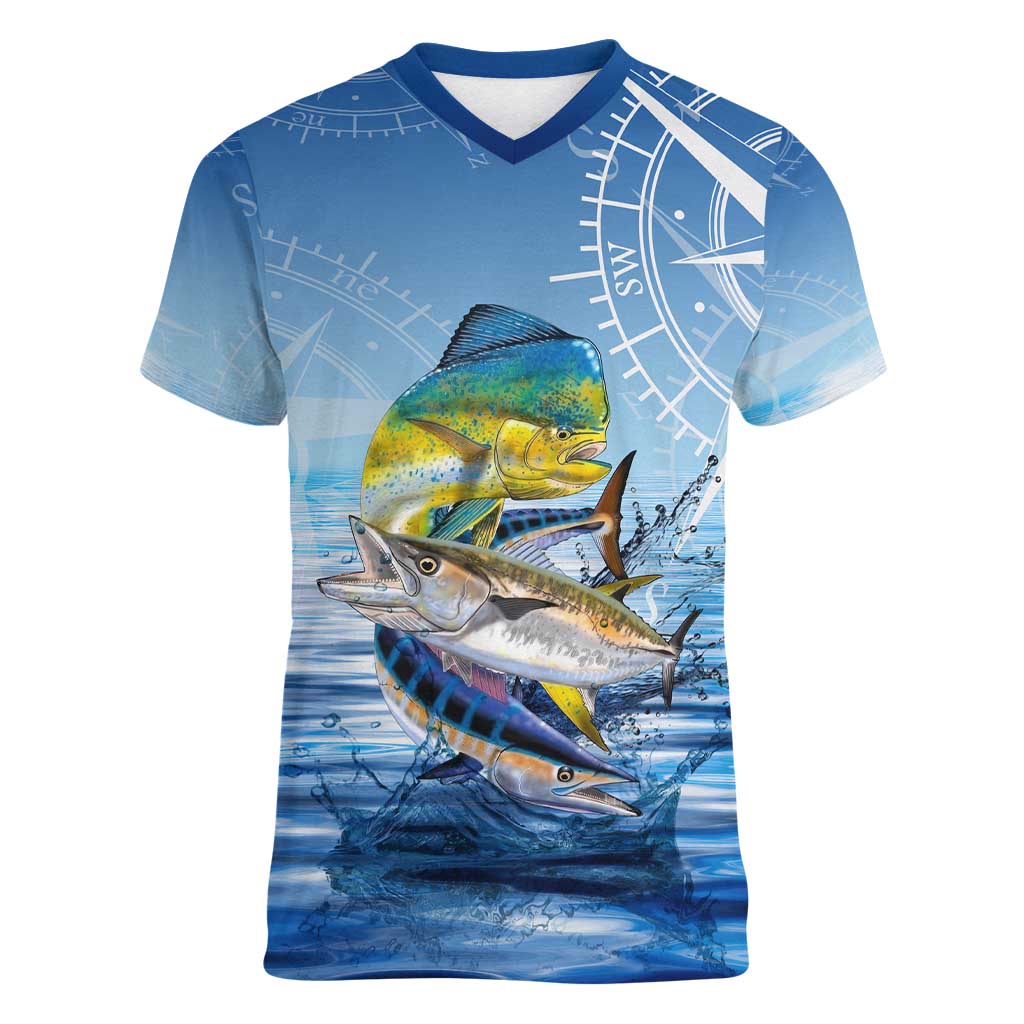 Mahi Mahi and Tuna Fish Women V-Neck T-Shirt Fishing Ocean Water Background and Nautical Compass Elements - Wonder Print Shop