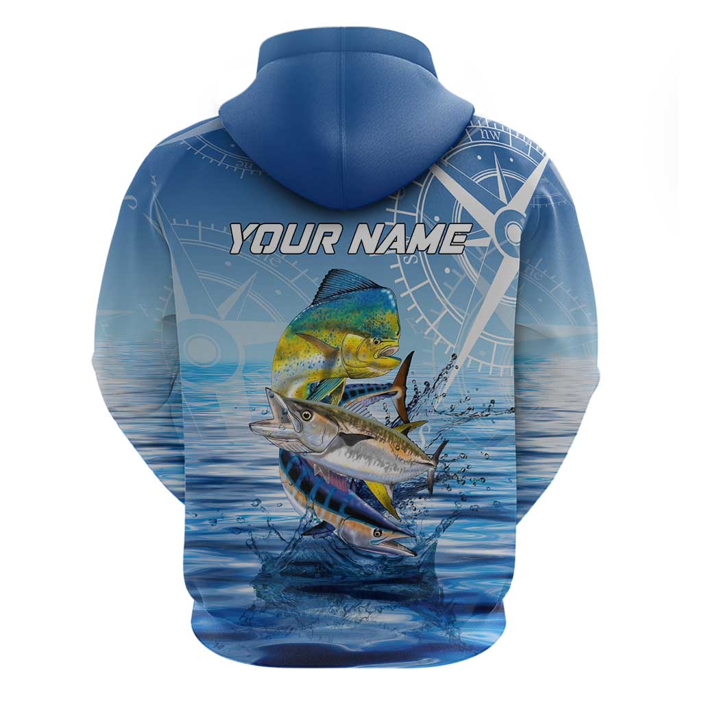 Mahi Mahi and Tuna Fish Zip Hoodie Fishing Ocean Water Background and Nautical Compass Elements - Wonder Print Shop