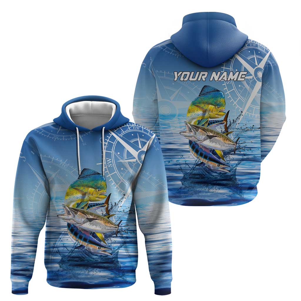 Mahi Mahi and Tuna Fish Zip Hoodie Fishing Ocean Water Background and Nautical Compass Elements - Wonder Print Shop