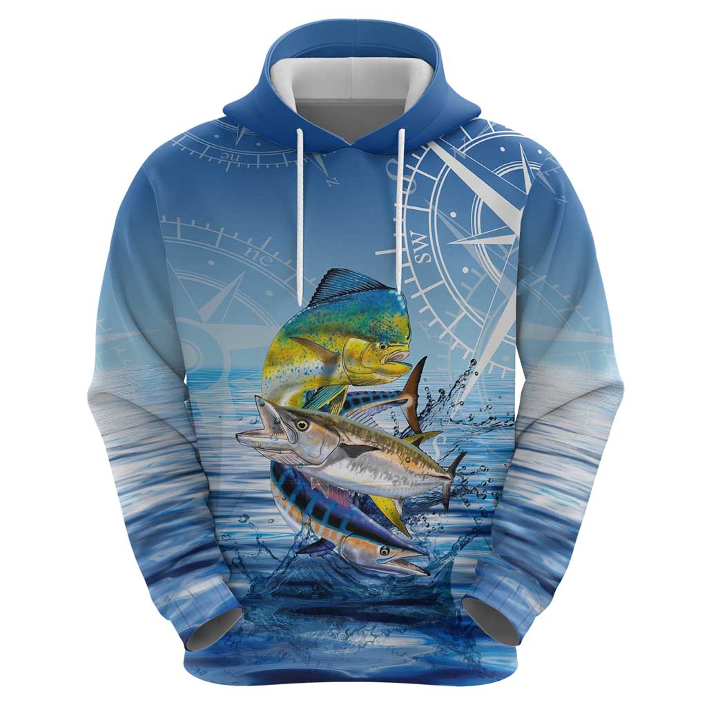 Mahi Mahi and Tuna Fish Zip Hoodie Fishing Ocean Water Background and Nautical Compass Elements - Wonder Print Shop