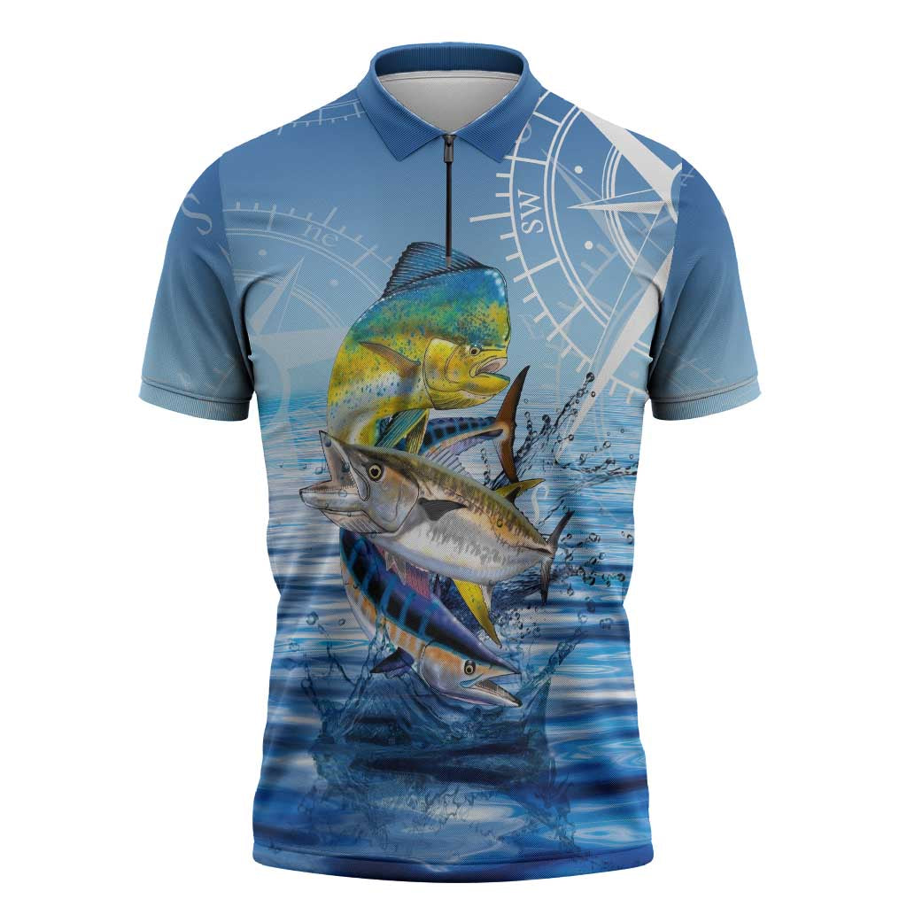 Mahi Mahi and Tuna Fish Zipper Polo Shirt Fishing Ocean Water Background and Nautical Compass Elements - Wonder Print Shop
