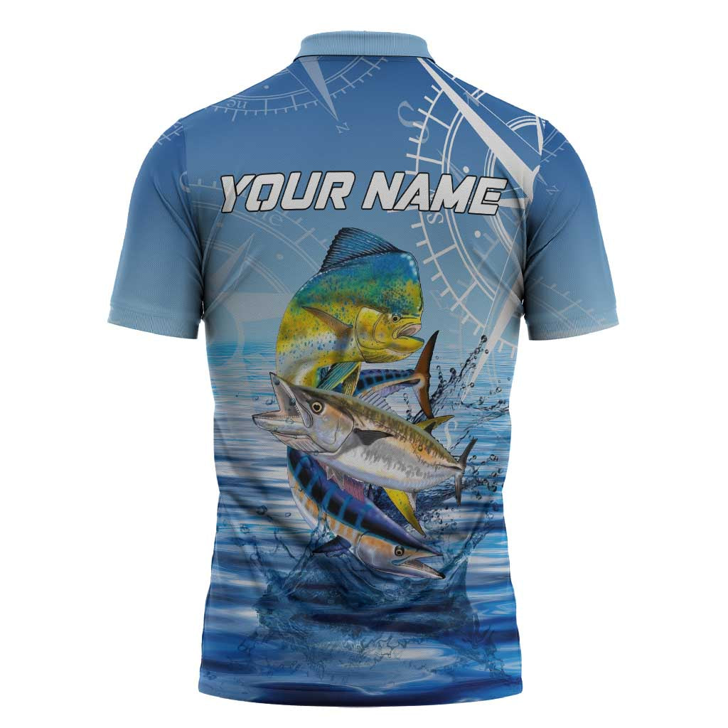 Mahi Mahi and Tuna Fish Zipper Polo Shirt Fishing Ocean Water Background and Nautical Compass Elements - Wonder Print Shop