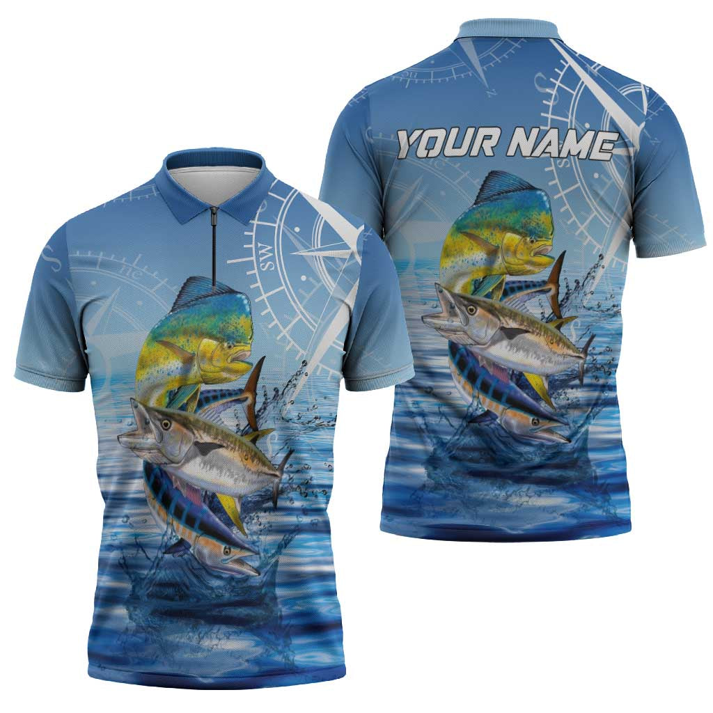 Mahi Mahi and Tuna Fish Zipper Polo Shirt Fishing Ocean Water Background and Nautical Compass Elements - Wonder Print Shop