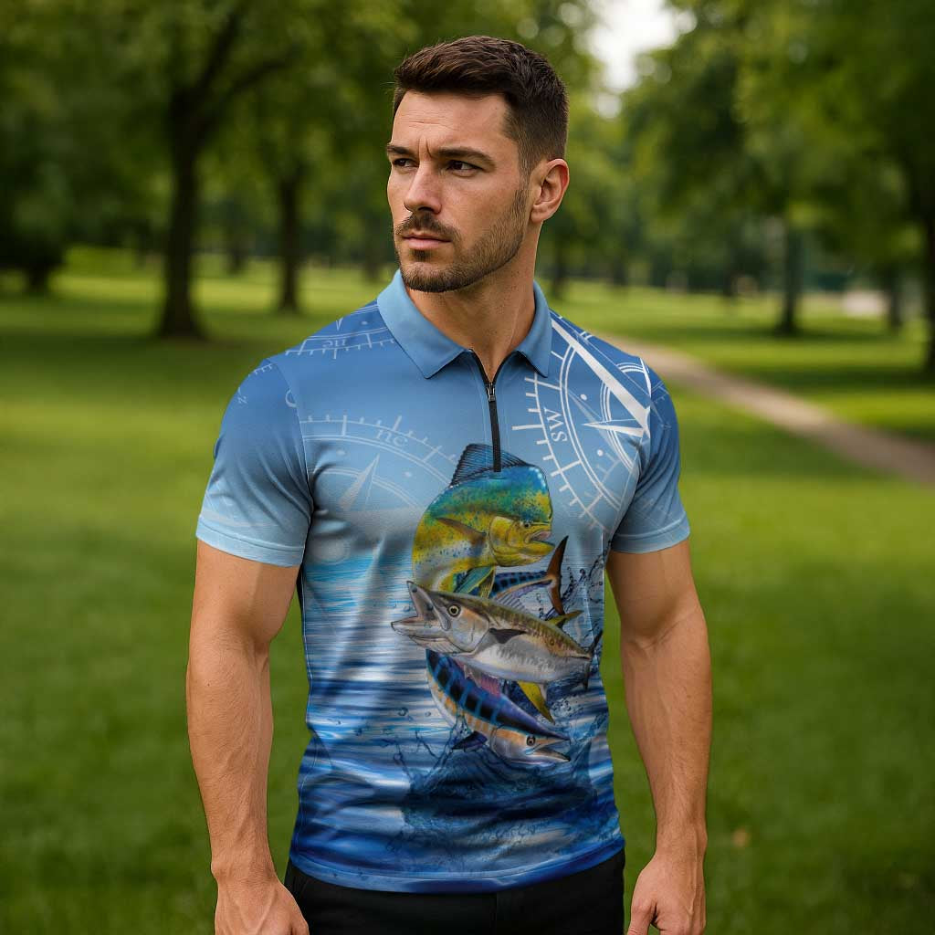 Mahi Mahi and Tuna Fish Zipper Polo Shirt Fishing Ocean Water Background and Nautical Compass Elements - Wonder Print Shop