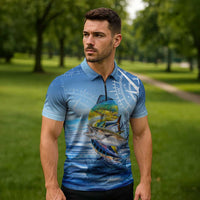 Mahi Mahi and Tuna Fish Zipper Polo Shirt Fishing Ocean Water Background and Nautical Compass Elements - Wonder Print Shop