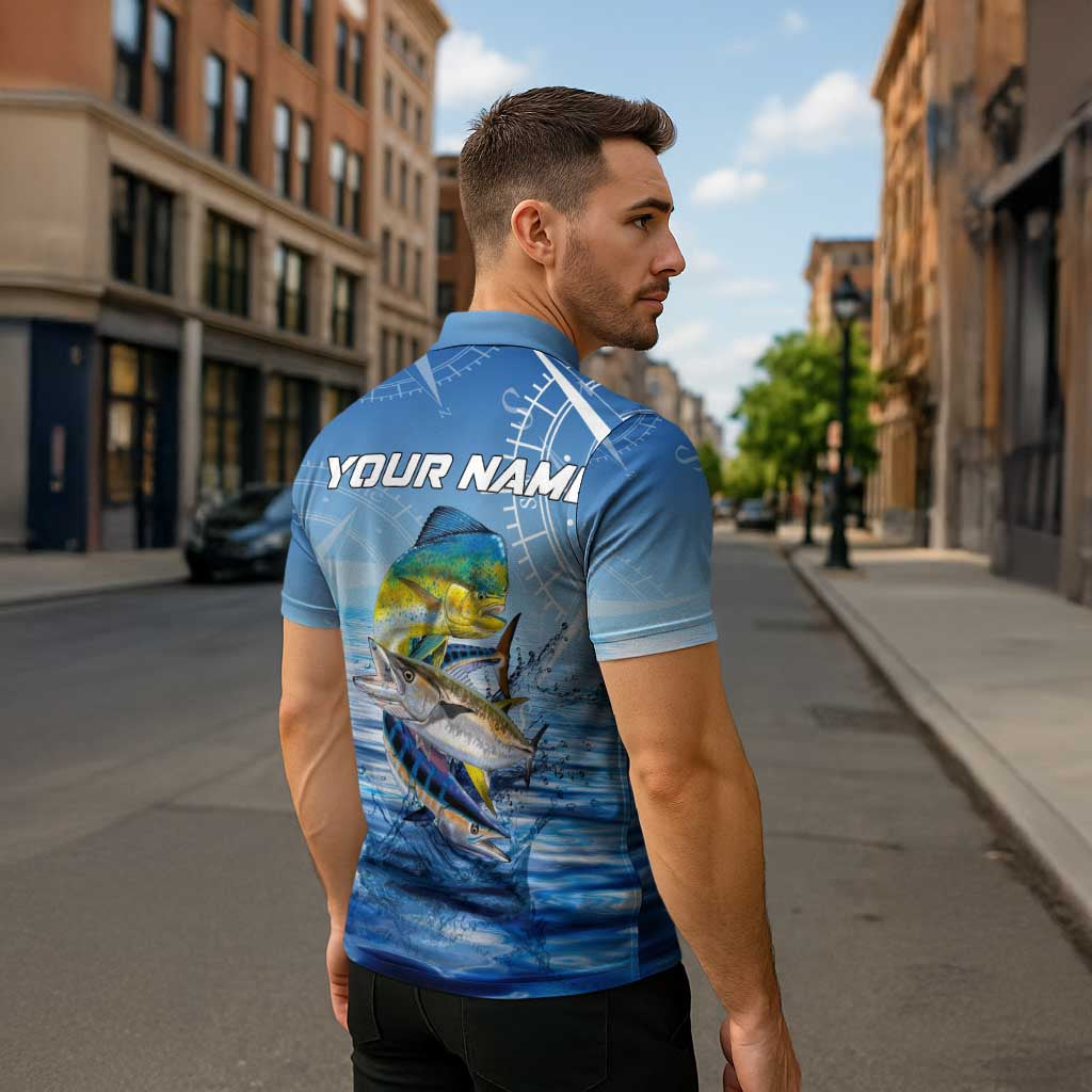 Mahi Mahi and Tuna Fish Zipper Polo Shirt Fishing Ocean Water Background and Nautical Compass Elements - Wonder Print Shop