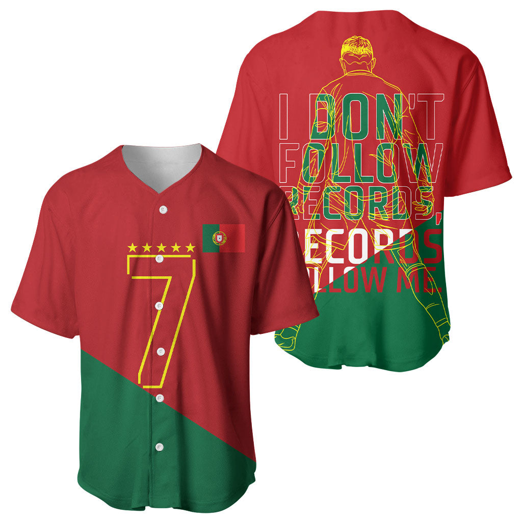 Portugal Football Number 7 GOAT Baseball Jersey Records Follow Me Sports Quote Line Art
